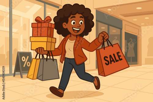 Happy woman shopping at mall during big sale event, carrying gift boxes and shopping bags, joyful customer, retail therapy, festive discounts, holiday season, cartoon vector illustration