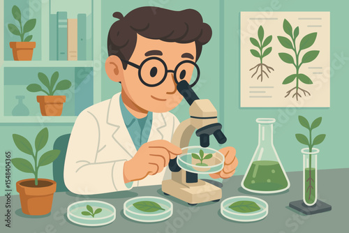 Cartoon scientist analyzing plant samples under microscope in laboratory. Botanical research, plant biology, botanical experiment, petri dish testing, genetics, educational science illustration