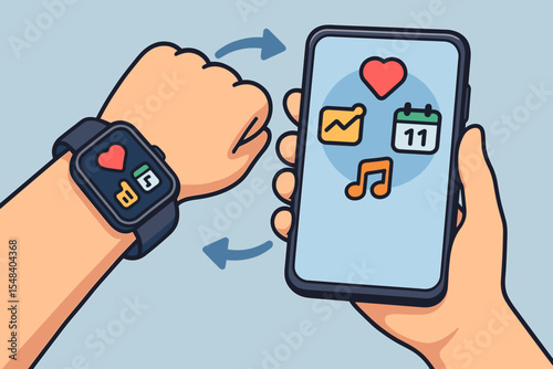Smartwatch and Smartphone Synchronization Vector. Data Transfer, Heart Rate Monitoring, Activity Tracking, Notifications, Music Control. Wearable Device Connectivity, Mobile App Integration Cartoon