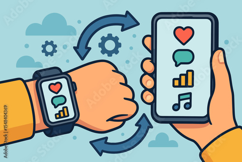 Smartwatch and Smartphone Synchronization Concept. Seamless Data Sharing, Wireless Connection, Health Tracking, Messaging, Music, Network Signal. Vector Cartoon Technology Illustration