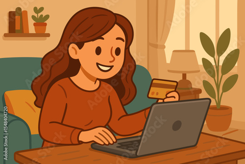 Happy woman shopping online at home using laptop and gold credit card. Cozy living room interior, digital payment, e-commerce, technology lifestyle concept. Vector cartoon illustration