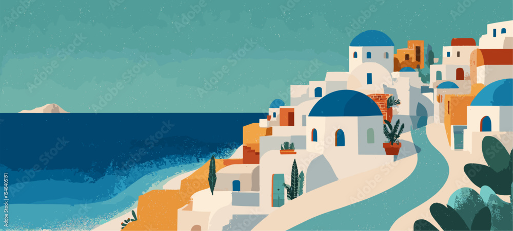 Obraz premium Santorini scene: Vector illustration of iconic white buildings and blue domes. Perfect for travel, vacation, and summer vibes. Bright, stylish, Greece! 