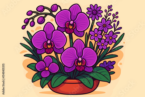 Vibrant purple orchid bouquet in terracotta pot, lush floral arrangement with assorted exotic flowers and rich green leaves, decorative botanical vector cartoon illustration for design projects