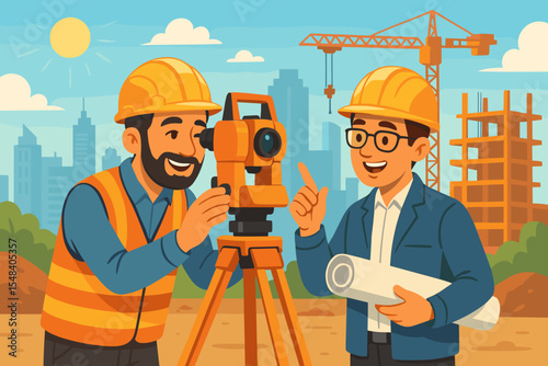 Construction site teamwork with surveyor and engineer using theodolite and blueprints, city skyline, crane, scaffolding, hard hats, safety vests, urban civil engineering, daytime outdoor illustration
