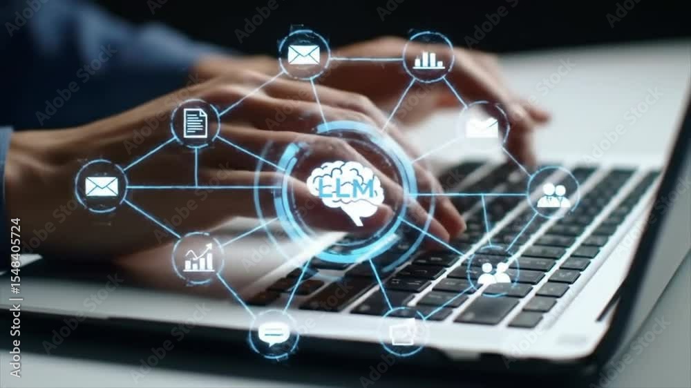 LLM large language model and custom AI solutions. Artificial intelligence driven automation technology. Businessman using laptop computer for training and instructing AI.