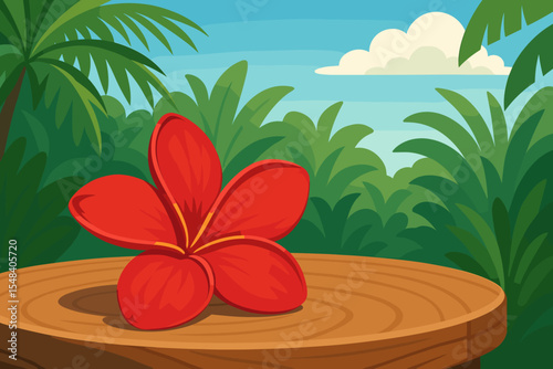 Exotic Red Frangipani Flower on Wooden Table in Lush Tropical Jungle, Cartoon Vector Illustration, Summer Relaxation, Spa Setting, Vibrant Nature Landscape, Plumeria Blossom Scene