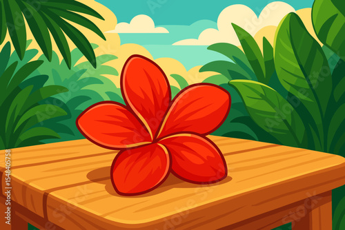 Lush tropical spa scene with vivid red frangipani plumeria flower on wooden table, exotic summer relaxation, botanical greenery, summer paradise, vector cartoon illustration, nature tranquility