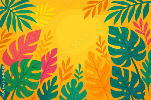 Colorful tropical foliage background with monstera, palm, and exotic leaves border on bright yellow gradient. Summer jungle nature, decorative botanical pattern for creative design and presentations