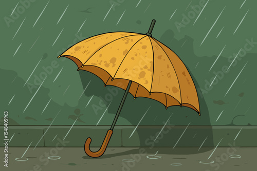 Weathered yellow umbrella leaning on urban green cement wall in heavy rain. Cartoon vector illustration. Rainy day metaphor for protection, resilience, solitude, adversity, shelter concept