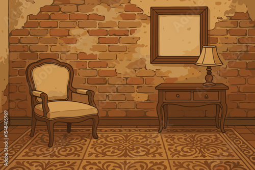 Vintage interior room vector illustration with ornate patterned floor, weathered exposed brick wall, antique armchair, classic side table, retro table lamp, empty frame, cozy rustic home decor