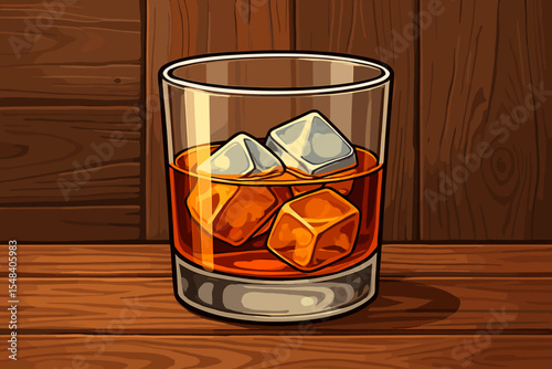 Classic whiskey bourbon glass with ice cubes on wooden bar counter. Realistic vector cartoon illustration. Alcoholic drink, cocktail, beverage, relaxation, bar scene, rustic background