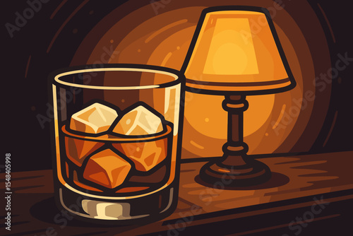 Whiskey on the Rocks with Ice Cubes by Warm Lamp, Cozy Bar Nightcap Scene, Classic Alcoholic Drink, Relaxing Evening Atmosphere, Vector Cartoon Illustration, No Text, Lounge Concept