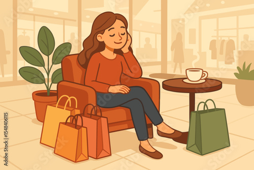 Happy woman relaxing in an armchair with shopping bags after shopping. Girl taking a coffee break in a mall cafe. Concept of shopaholic, consumerism, retail therapy, and leisure.