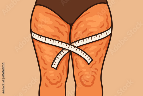 Woman's legs with cellulite measured by tape. Body image, weight loss, diet concept. Fat thighs, obesity, and health problem. Unrealistic beauty standards. Vector cartoon illustration.