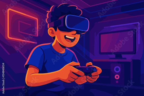 Young gamer playing video games with VR headset and controller. Teenager immersed in virtual reality. Metaverse, esports and futuristic technology concept in neon room. Cartoon vector.