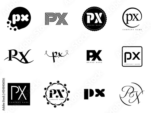PX logo company template. Letter p and x logotype. Set different classic serif lettering and modern bold text with design elements. Initial font typography.