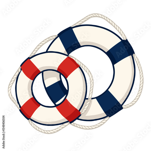 Vector illustration of two lifebuoys with red and navy stripes, nautical safety concept on white background