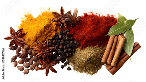 Fototapeta Naklejka Na Ścianę i Meble -  Vibrant Assortment of Ground and Whole Spices Spread Out
