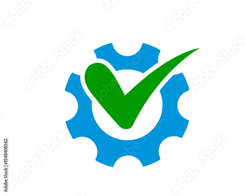 Mechanical success Gear with checkmark. Illustrates achievement, quality control, or validated systems. Great for project management, engineering  software themes.