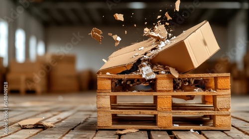 An action shot of a cardboard box bursting open, resulting in a mess of packing materials, ideal for conveying themes of shipping, logistics, or unboxing excitement.
