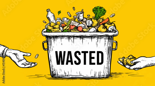 Overflowing Food Waste Bin with WASTED Text on Yellow Background for Waste Awareness Day Campaign