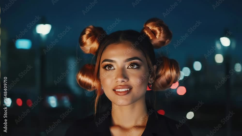 A captivating portrait of a woman with unique hair buns, posing elegantly in the night, with city lights adding a charming background. 