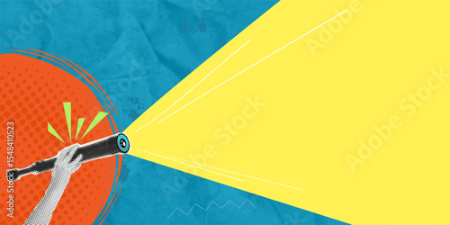 Trendy modern art collage. Hand with telescope on a blue background. Search concept. Vector banner with halftone effect and place for text