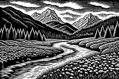 Mountain valley with a winding river flowing through blooming alpine meadows black and white sketch vector