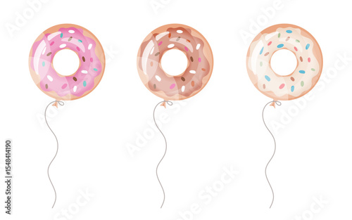 Donut-shaped balloons set with colorful icing and sprinkles. Cute flat vector illustration with soft gradients and playful design. Ideal for kids' party decor, invitations, and digital content.