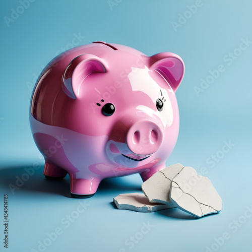 A sad piggy bank with cracks and a plaster indicates insolvency created with  technology.