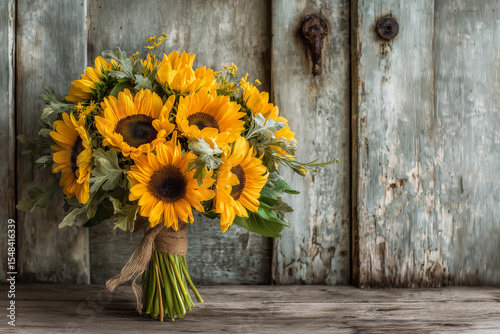 Sunflower bouquet against rustic wooden backdrop