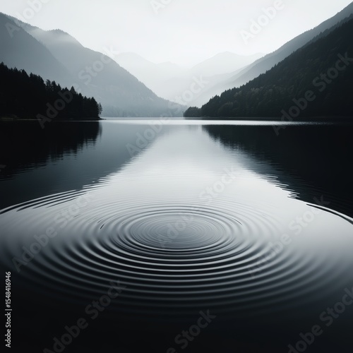 Calm lake surrounded by misty mountains with concentric ripples spreading across the reflective water surface.