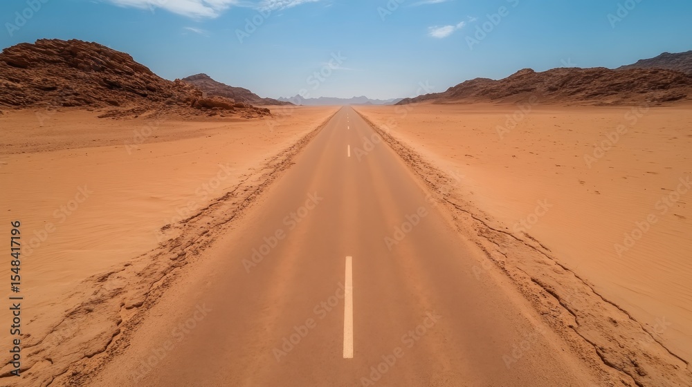 Naklejka premium An expansive view of a long straight road cutting through the barren desert, symbolizing adventure and the search for freedom amidst arid, rugged landscapes.
