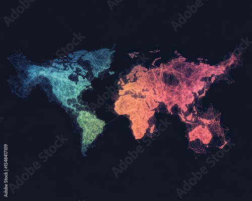 A digital world map created with interconnected colorful nodes and lines representing global connectivity and data networks.