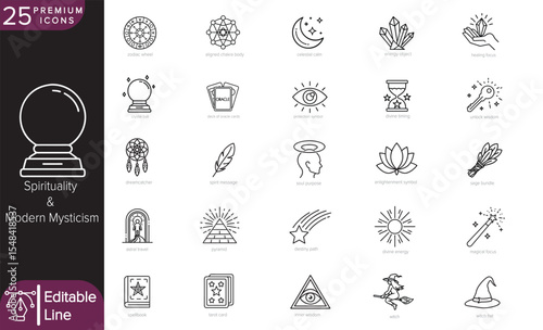 25 Monoline Vector Icons of Spirituality and Modern Mysticism – Clean Minimal Line Art of Crystals, Tarot, Moon Phases, Chakras, Energy Tools, Celestial Symbols, and Sacred Elements for UI, Print