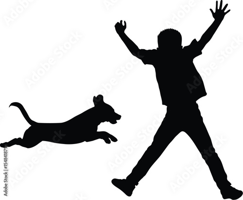 Jumping Boy and Leaping Dog Silhouette - Playful Childhood Pet Fun Dynamic Duo