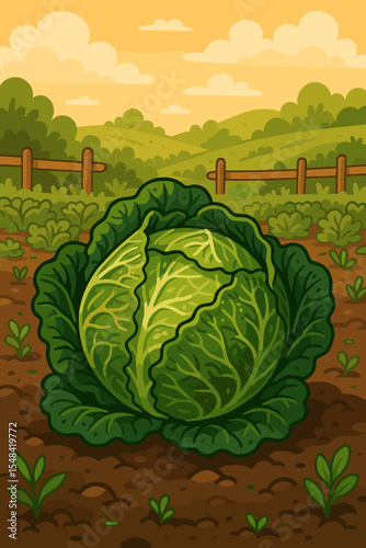 Savoy cabbage growing in vegetable garden patch. Farm field landscape with fence. Organic food, fresh harvest, healthy eating, agriculture concept. Vector farming illustration.