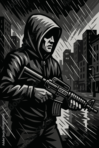 Armed man in hoodie with rifle in a rainy dark city. Black and white noir comic style vector. Concept of urban warfare, crime, protest, vigilante, shooter or terrorism.