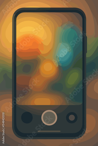 Smartphone camera with abstract bokeh effect on screen. Mobile photography concept with blurred colorful lights. Defocused background. Artistic vector illustration of a lens blur.