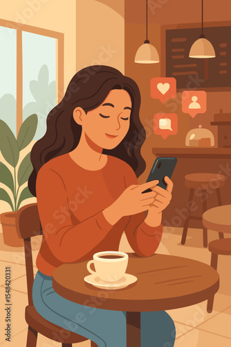 Happy young woman using smartphone in a cozy coffee shop. Girl smiling while checking social media notifications like, comment and follow. Modern lifestyle and communication concept.