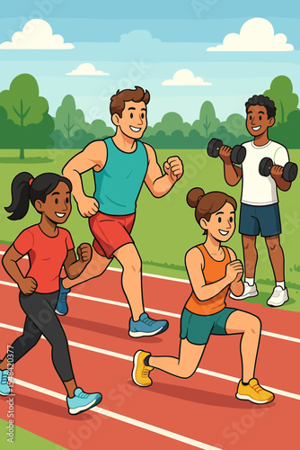 Group of diverse athletes exercising on an outdoor track. Happy people running, doing lunges, and lifting weights. Active healthy lifestyle, fitness, sport, and wellness concept.