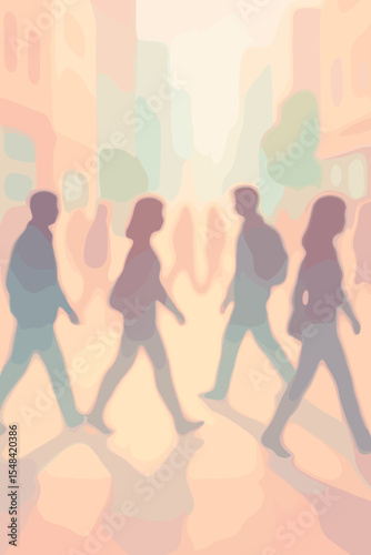 Blurred silhouettes of a crowd walking on a city street. Anonymous people in soft focus with pastel tones. Urban lifestyle and society concept. Vector illustration background.
