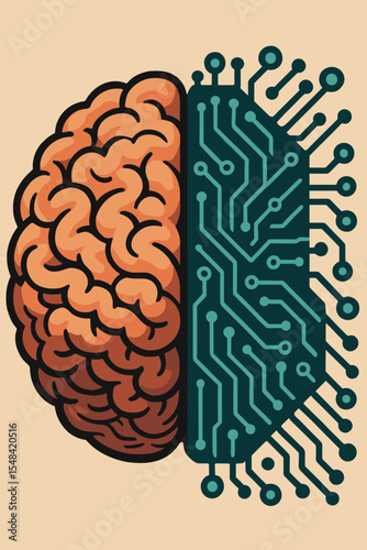 Artificial intelligence AI concept. Human brain and circuit board fusion. Metaphor for machine learning, deep learning, digital mind, cyborg technology. Futuristic innovation. Data processing.