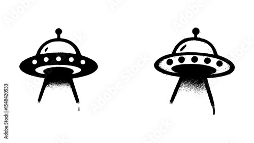 Isolated Black and White Flying Saucer with Spray Paint Style Beam