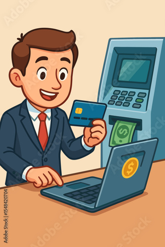 Businessman with a credit card does online banking on a laptop and withdraws cash from an ATM. Fintech concept for e-commerce, digital payment, financial transaction, and money management.