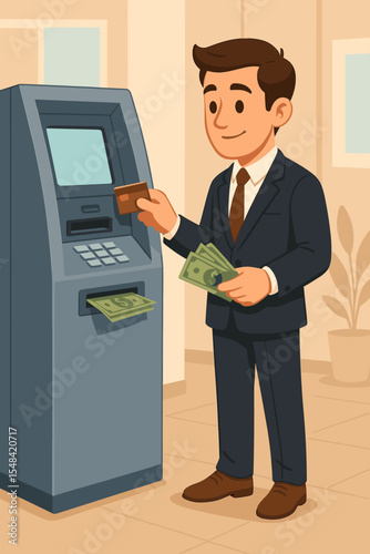 Businessman withdrawing cash from an ATM. Man in suit uses credit card for financial transaction at a bank machine. Concept of money, payment, and finance. Vector illustration.