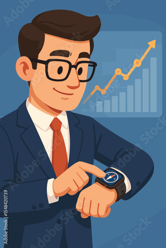 Businessman navigating financial markets with a smartwatch compass app. Concept of business strategy, guidance, and investment direction. A growth chart background shows success and profit.
