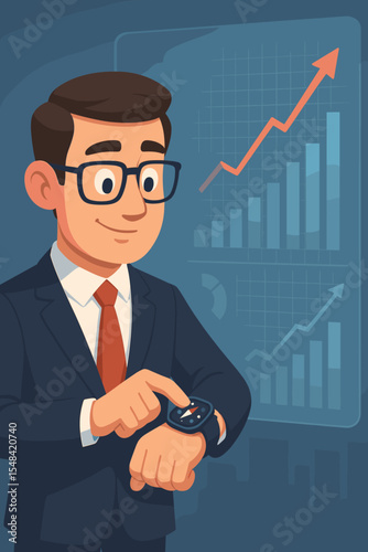Businessman uses smartwatch with compass to find business direction. Virtual screen shows financial growth graphs. Concept for investment strategy, market analysis, and success.