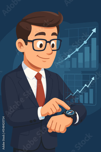 Businessman with smartwatch compass navigating financial markets. Manager analyzing stock market growth on a virtual hologram screen. Business strategy and investment direction concept.