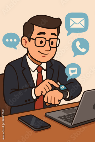 Businessman at office desk using smart watch app for communication. Cartoon manager multitasking with wearable technology, synchronizing email, calls, messages with laptop and phone.